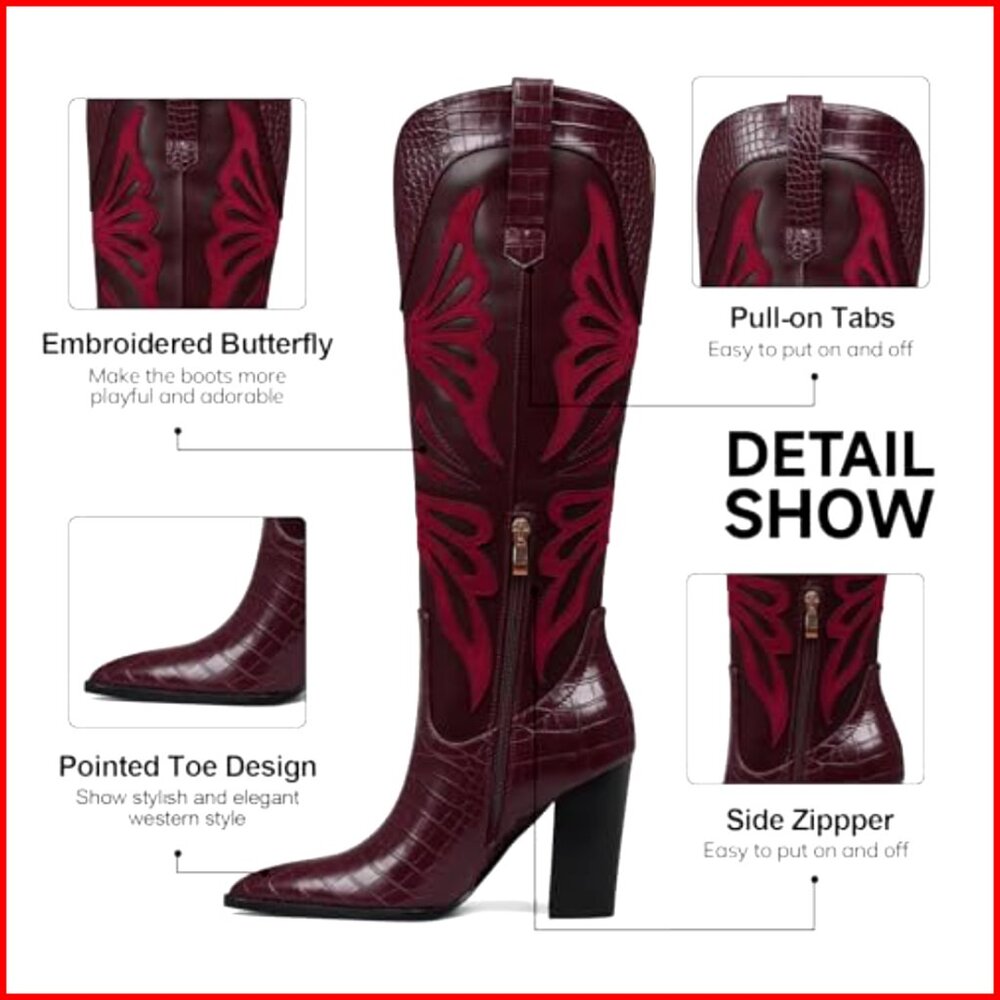 Pointed Toe Knee High Western Boots Chunky Heel Wide Calf Zipper - Picture 5 of 7